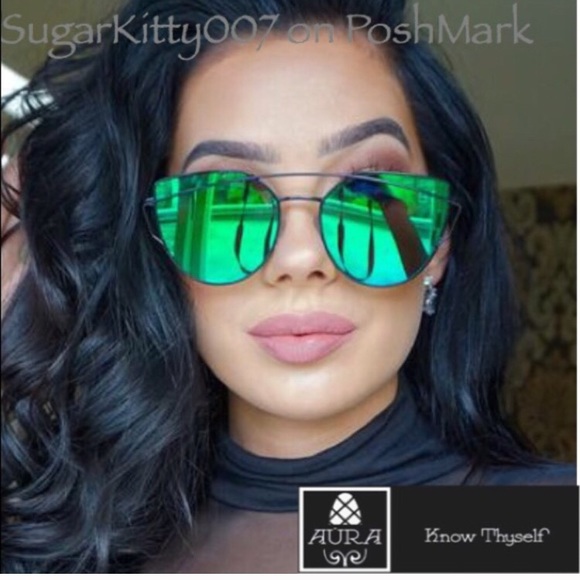 Aura Accessories - Blue/Green MirroredCat Eye Crosswire Sunglasses